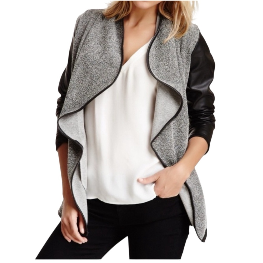 Jack by BB Dakota Gray Black Faux Leather Cape Drape Open Front Jacket Size Med